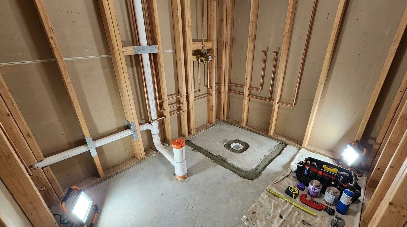 Bathroom rough-in plumbing during remodel by Johns Plumbing LLC in Kamas